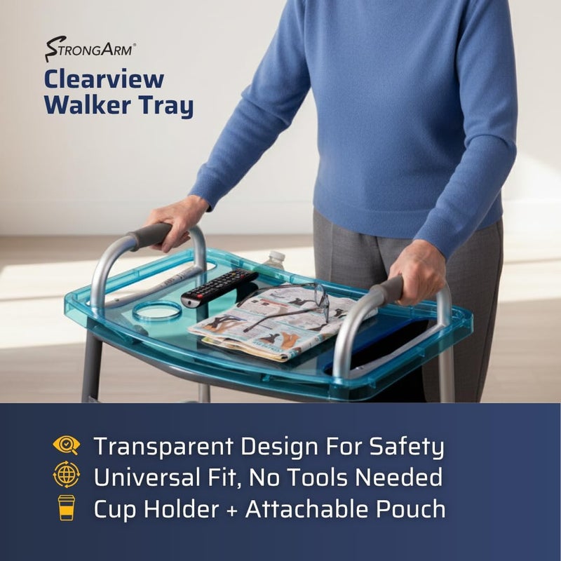 Strongarm Clear View Walker Tray + Bag + Non-Slip Mat & Cup Holder, Tray for Folding Walkers, Food Tray, Walker Accessories, Tray Table for Standard Adult Walkers (Blue) - Image 3